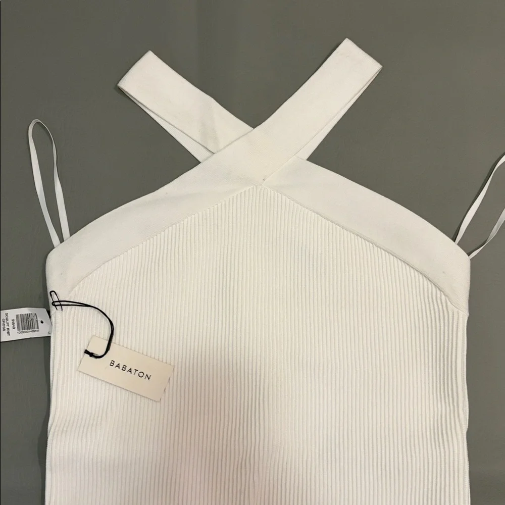 Aritzia Babaton Dress Mini NWT Sculpt Knit Cross Ribbed Halter White size Large - Picture 6 of 14